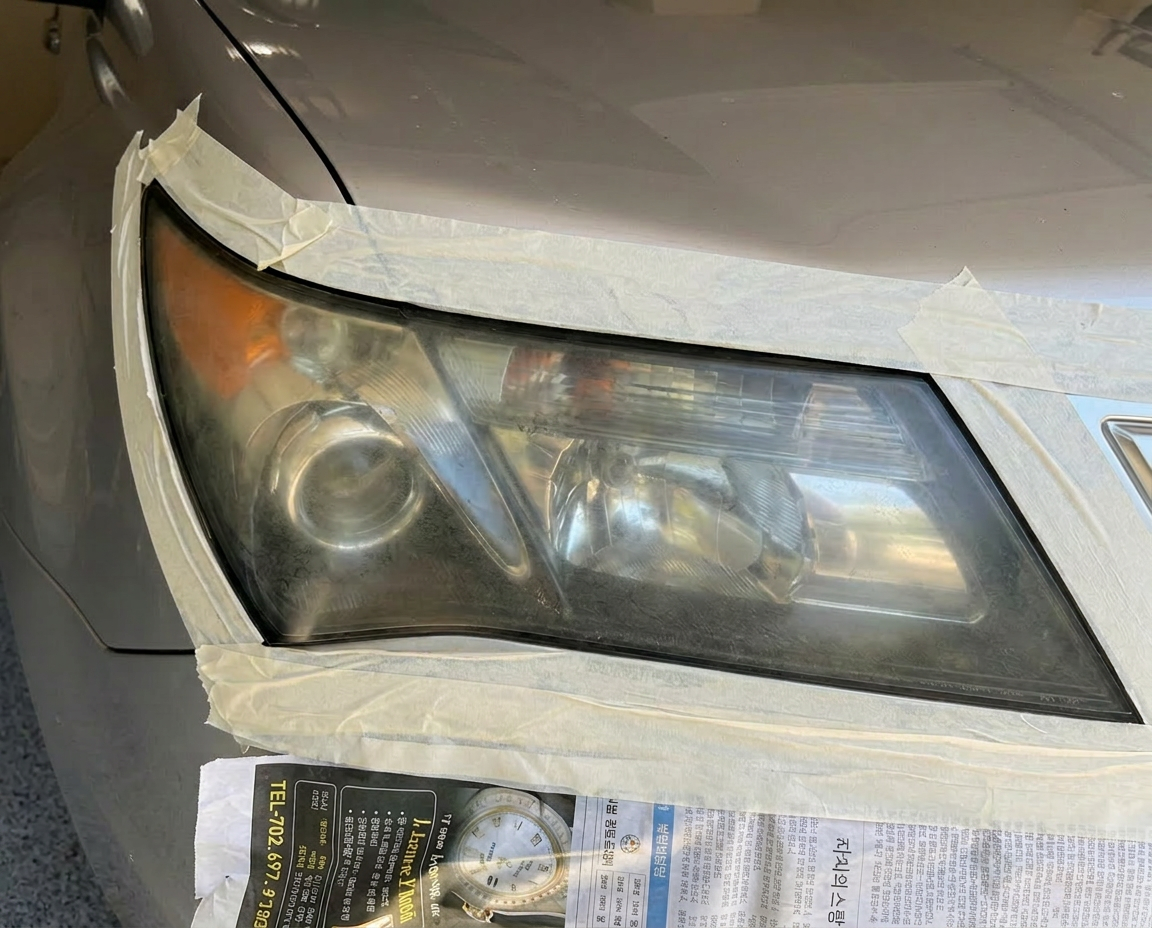 Hazy, yellowed headlight before restoration